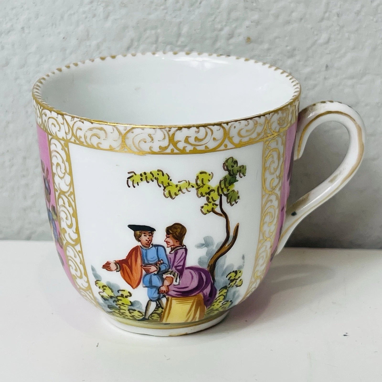Antique Hand Painted Watteau Pat Dresden Singed Tea Cup Only Pink Yellow Floral