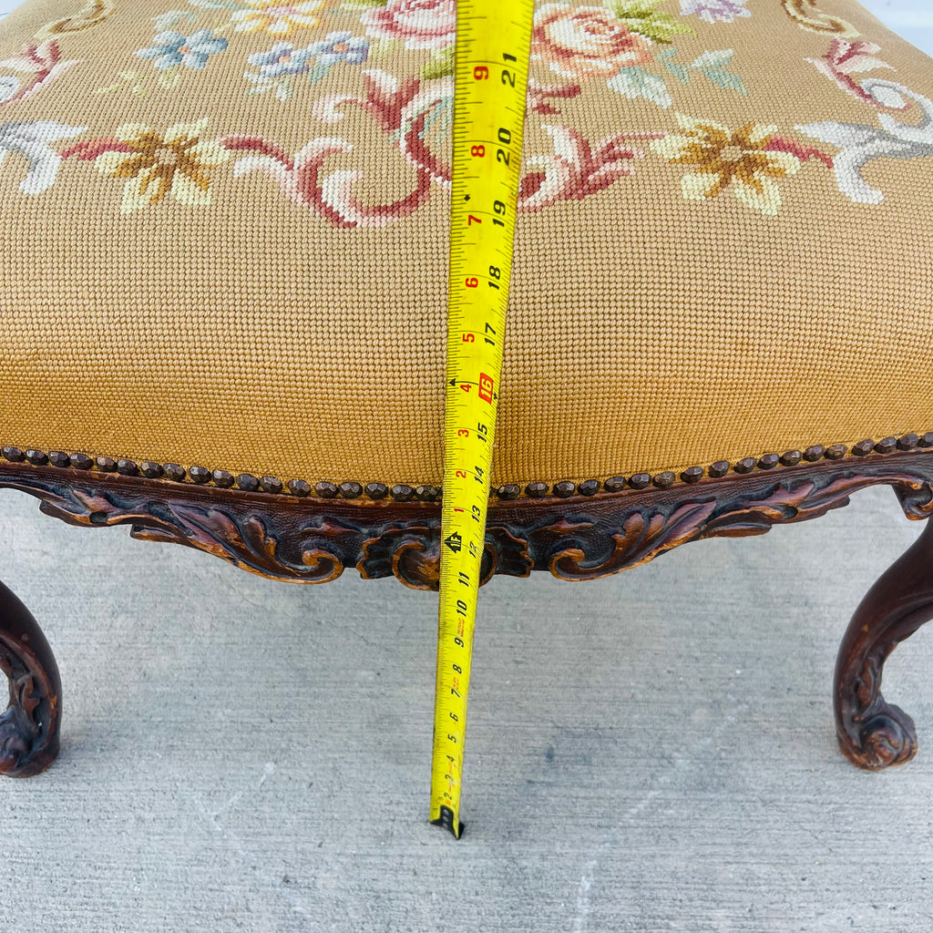 Vintage French Floral Upholstered Armchair with Carved Details *As is*