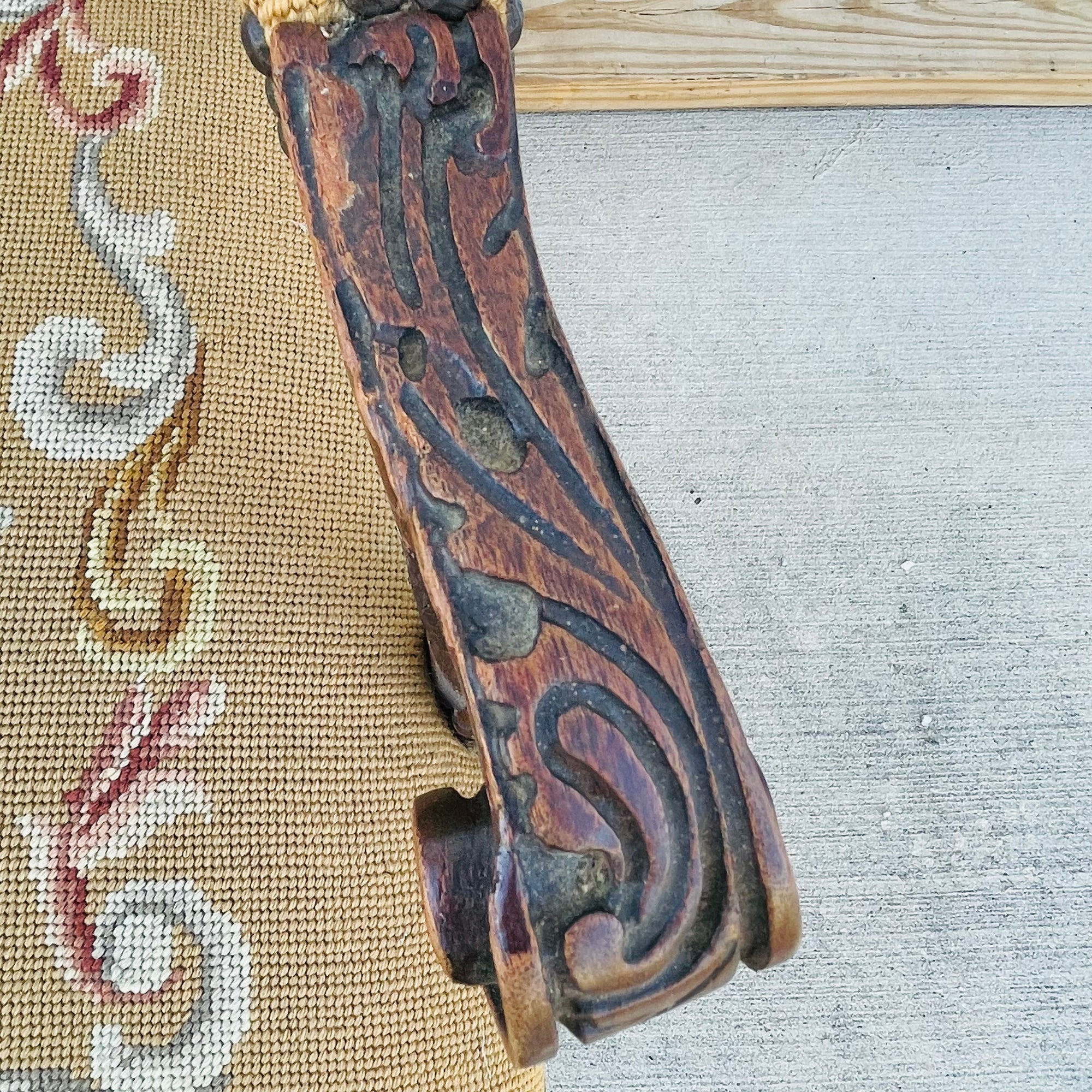 Vintage French Floral Upholstered Armchair with Carved Details *As is*