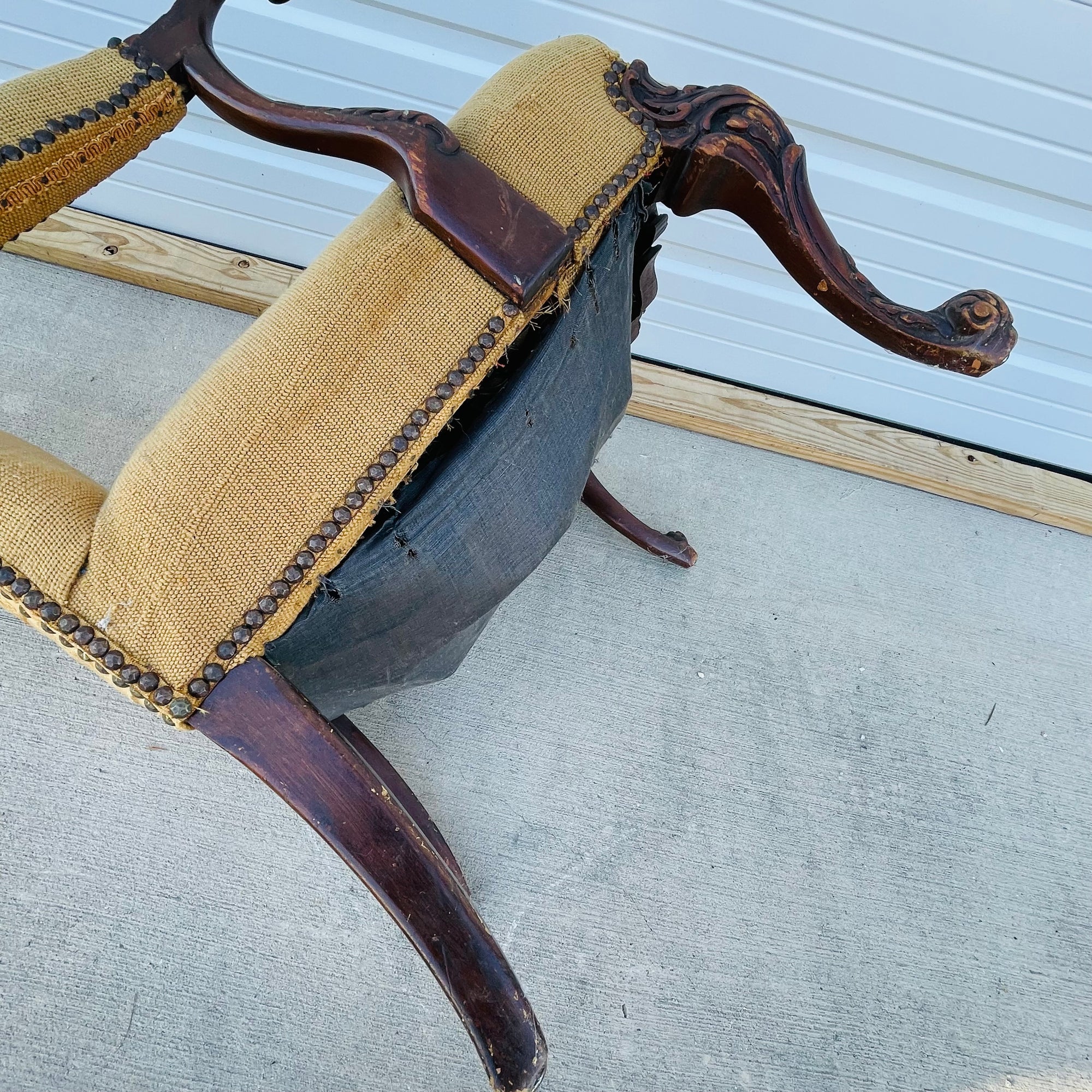 Vintage French Floral Upholstered Armchair with Carved Details *As is*