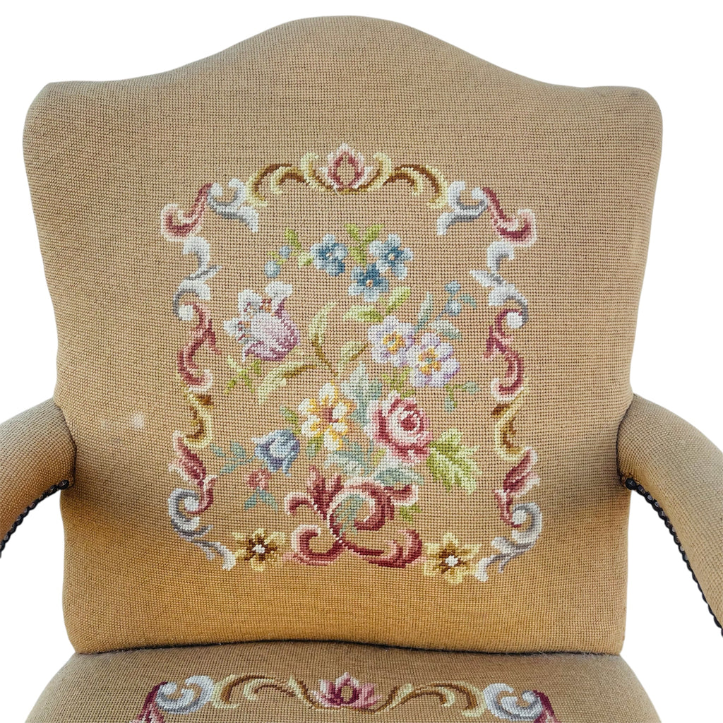 Vintage French Floral Upholstered Armchair with Carved Details *As is*