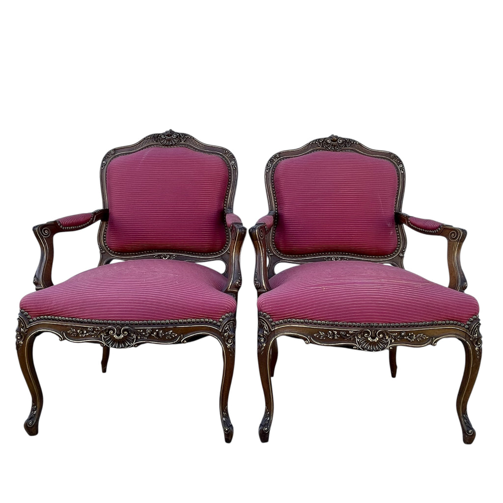 Louis XV Style Set of 2 Armchairs With Decorative Studs Striped Red Pink Upholstery Decor