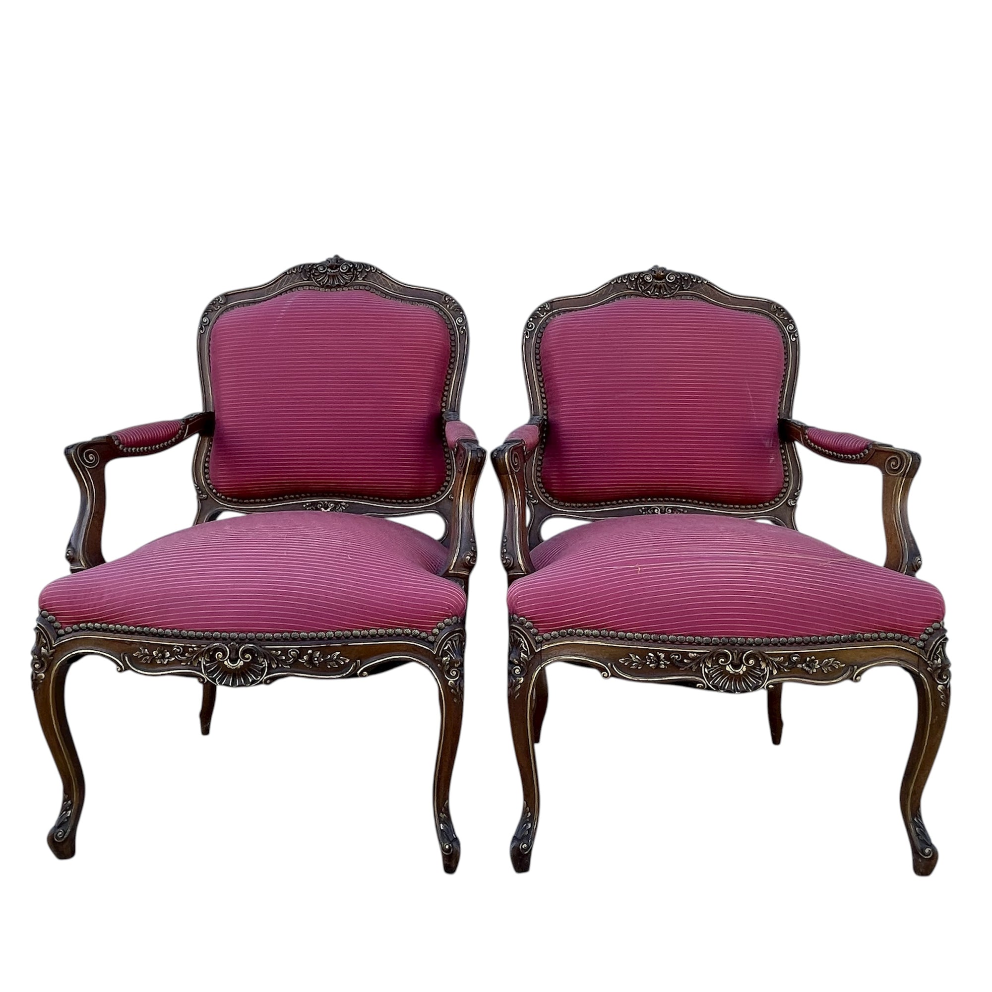 Louis XV Style Set of 2 Armchairs With Decorative Studs Striped Red Pink Upholstery Decor
