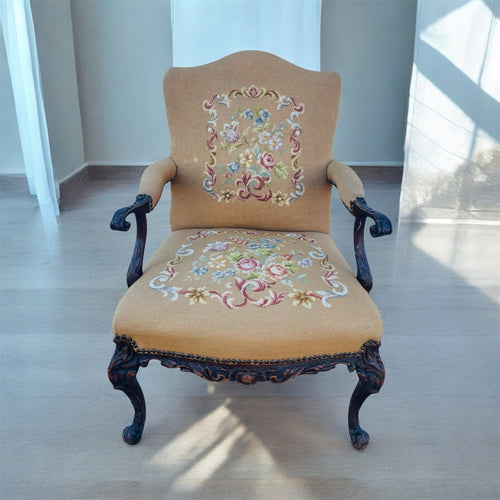 Vintage French Floral Upholstered Armchair with Carved Details *As is*