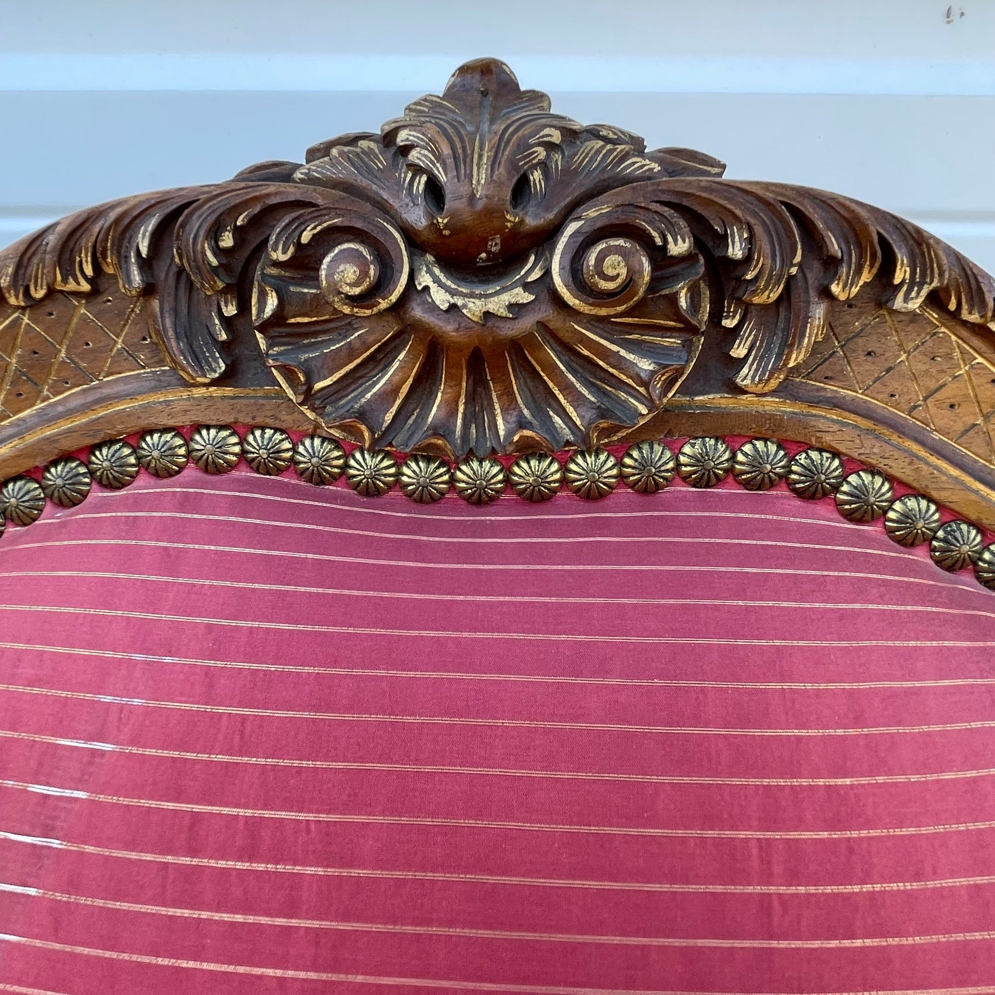 Louis XV Style Set of 2 Armchairs With Decorative Studs Striped Red Pink Upholstery Decor