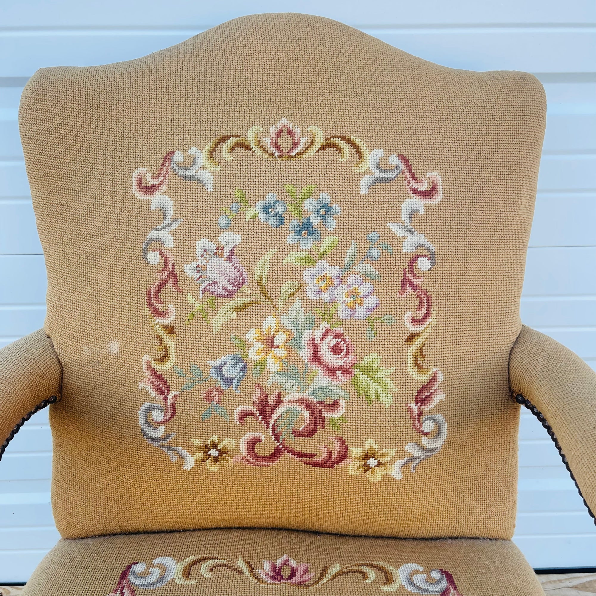 Vintage French Floral Upholstered Armchair with Carved Details *As is*