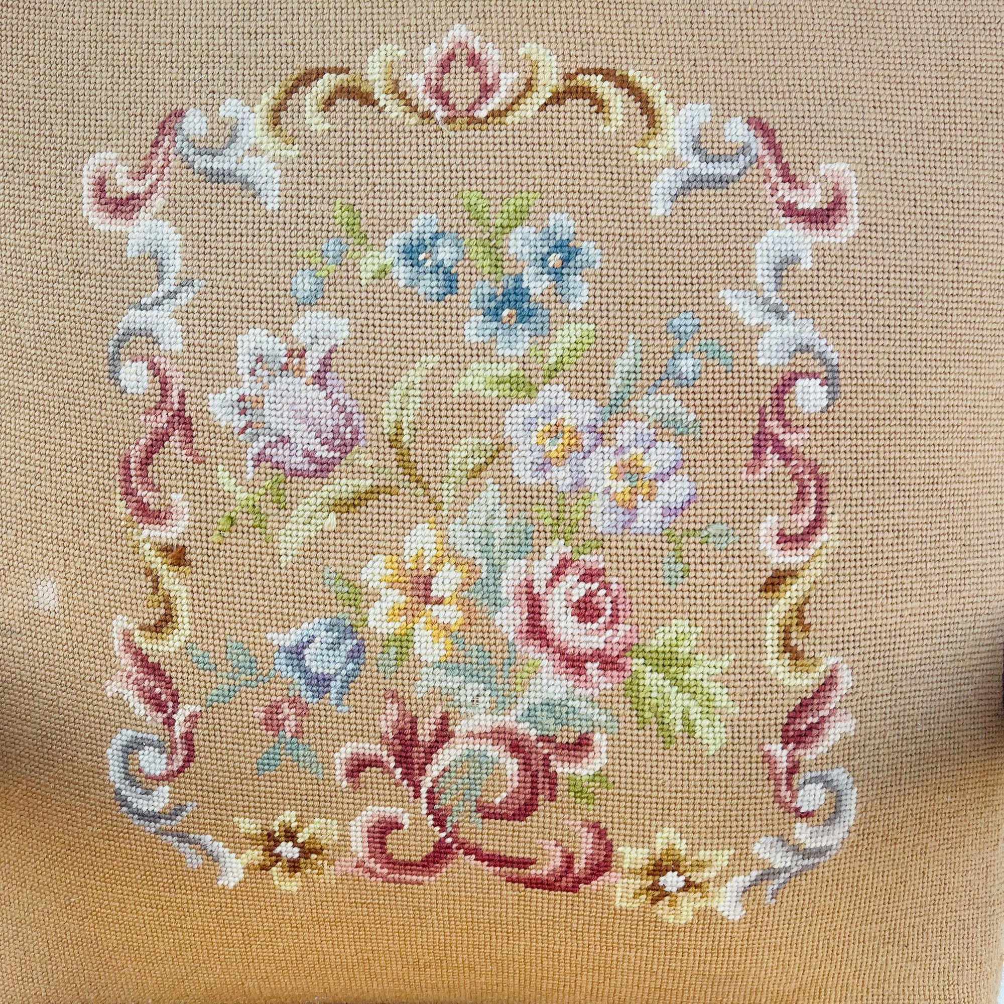 Vintage French Floral Upholstered Armchair with Carved Details *As is*