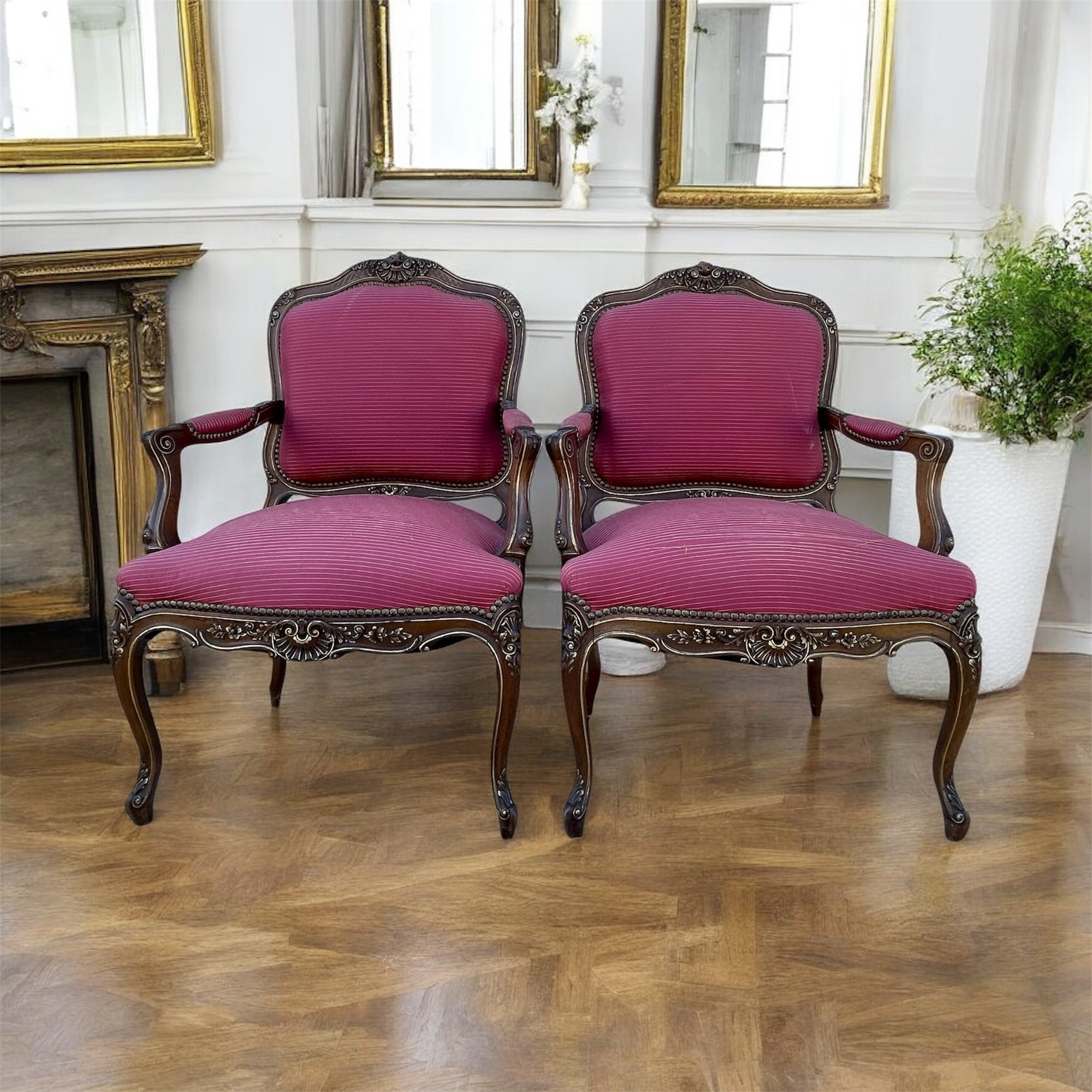 Louis XV Style Set of 2 Armchairs With Decorative Studs Striped Red Pink Upholstery Decor