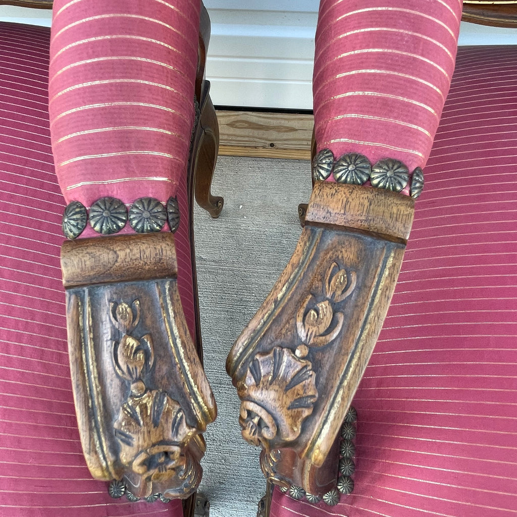 Louis XV Style Set of 2 Armchairs With Decorative Studs Striped Red Pink Upholstery Decor