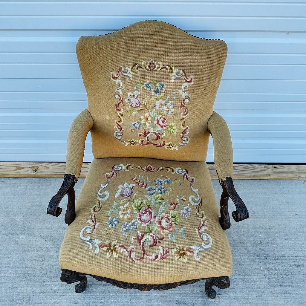 Vintage French Floral Upholstered Armchair with Carved Details *As is*