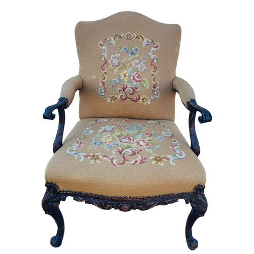 Vintage French Floral Upholstered Armchair with Carved Details *As is*