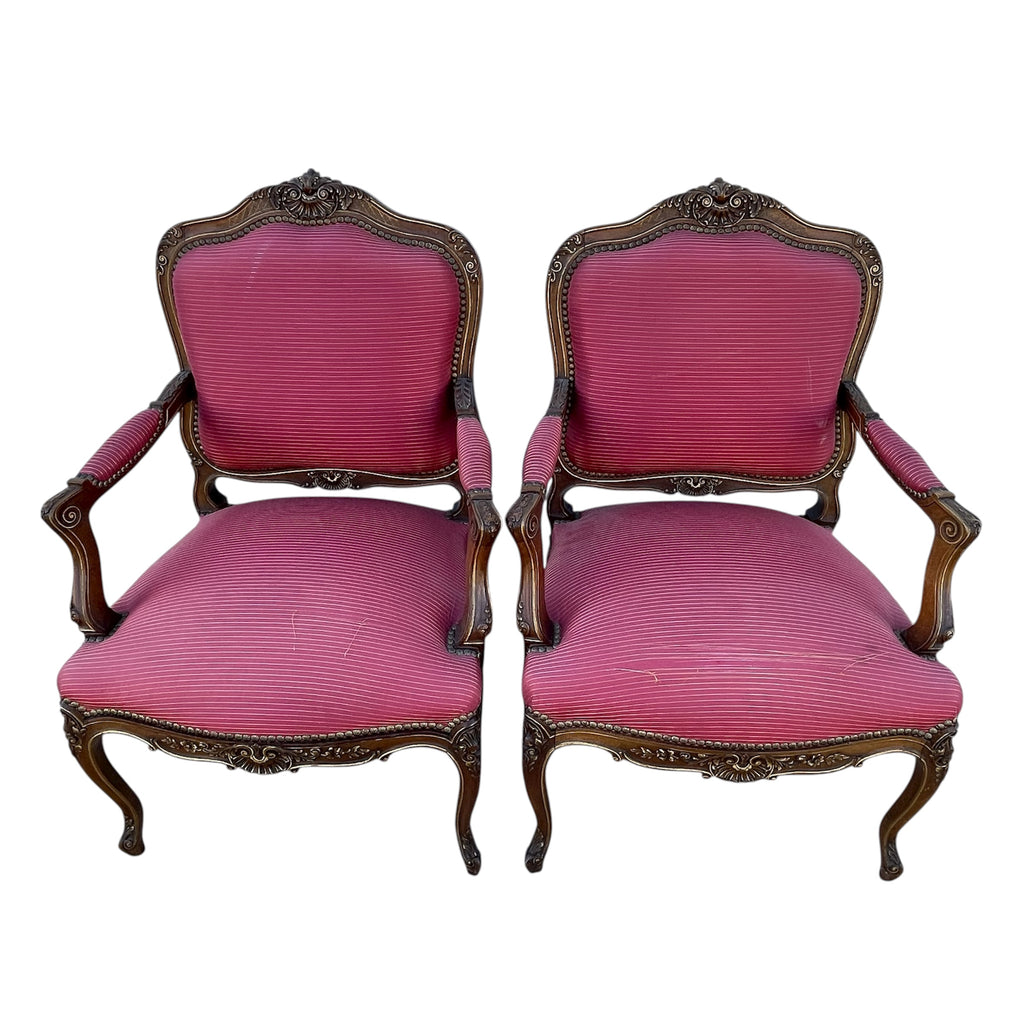 Louis XV Style Set of 2 Armchairs With Decorative Studs Striped Red Pink Upholstery Decor