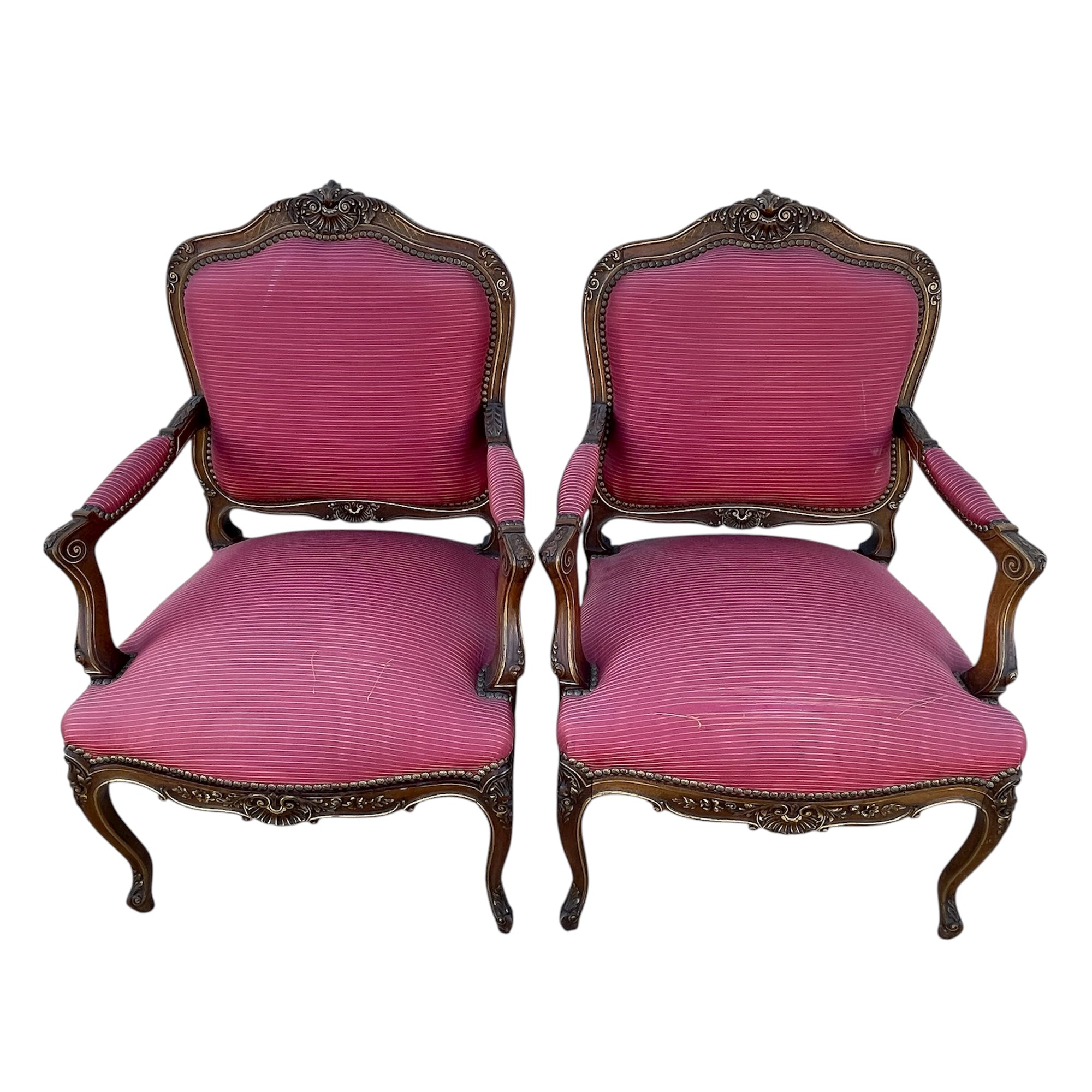 Louis XV Style Set of 2 Armchairs With Decorative Studs Striped Red Pink Upholstery Decor