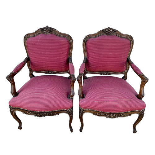 Louis XV Style Set of 2 Armchairs With Decorative Studs Striped Red Pink Upholstery Decor