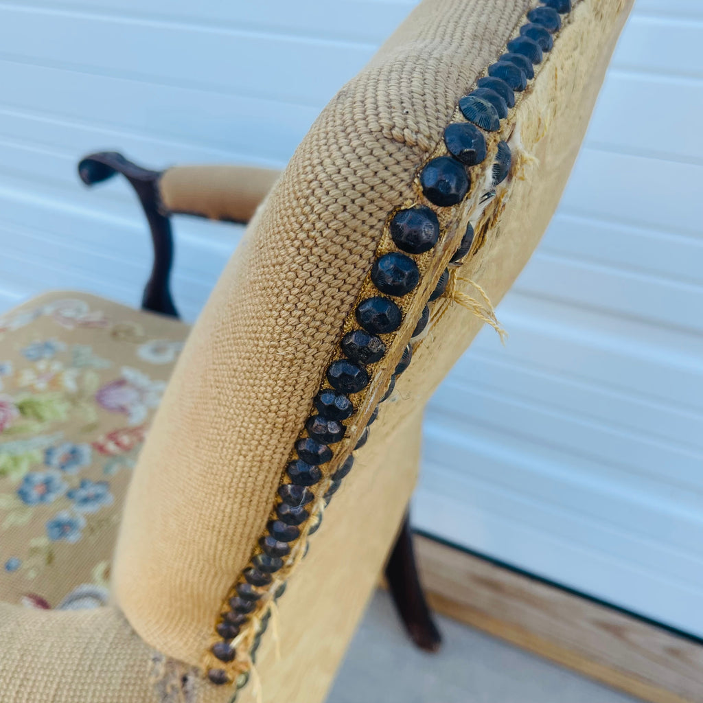 Vintage French Floral Upholstered Armchair with Carved Details *As is*