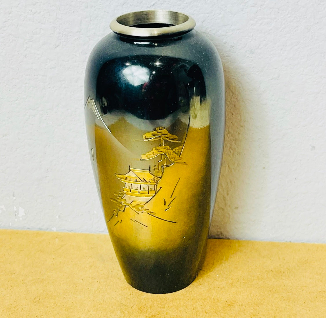Japanese Gilt and Silver Patinated Metal Vase, Castle and Mountains