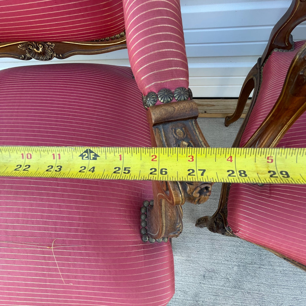 Louis XV Style Set of 2 Armchairs With Decorative Studs Striped Red Pink Upholstery Decor