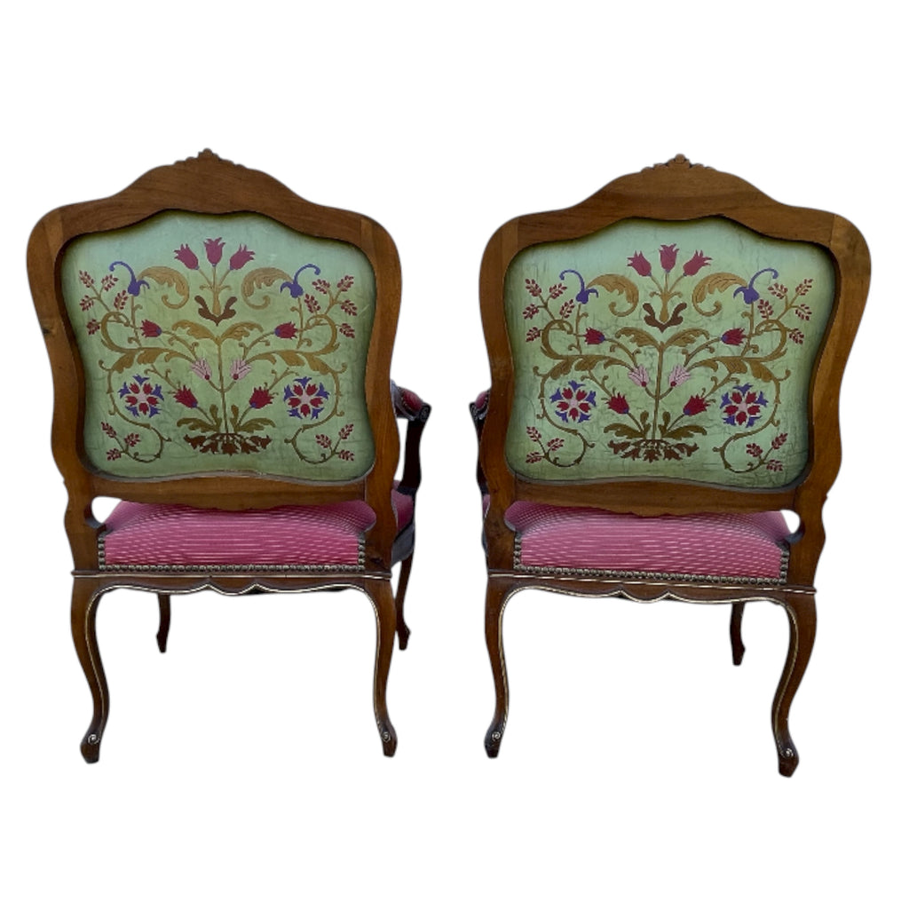Louis XV Style Set of 2 Armchairs With Decorative Studs Striped Red Pink Upholstery Decor