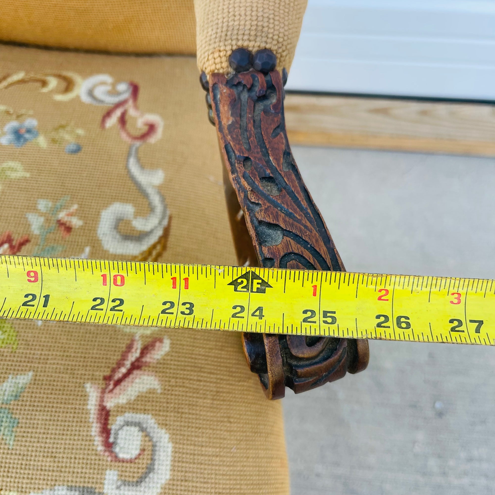 Vintage French Floral Upholstered Armchair with Carved Details *As is*