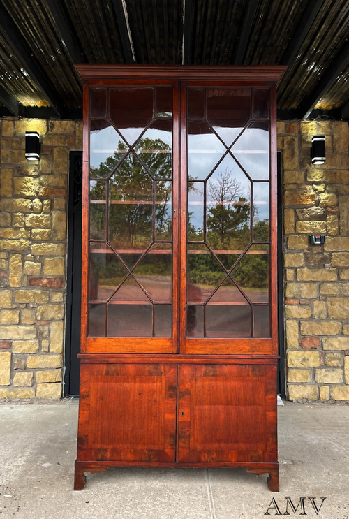 Antique Mahogany Bookcase Cabinet with Leaded Glass Doors