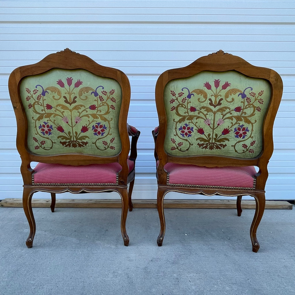 Louis XV Style Set of 2 Armchairs With Decorative Studs Striped Red Pink Upholstery Decor