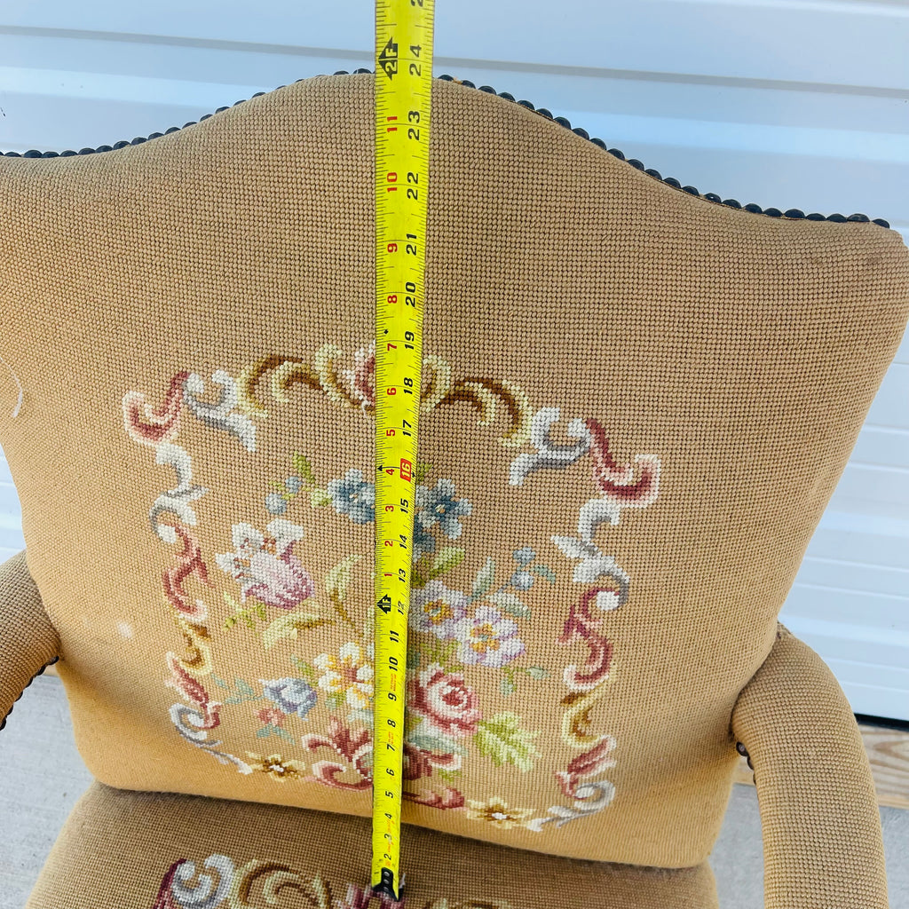 Vintage French Floral Upholstered Armchair with Carved Details *As is*