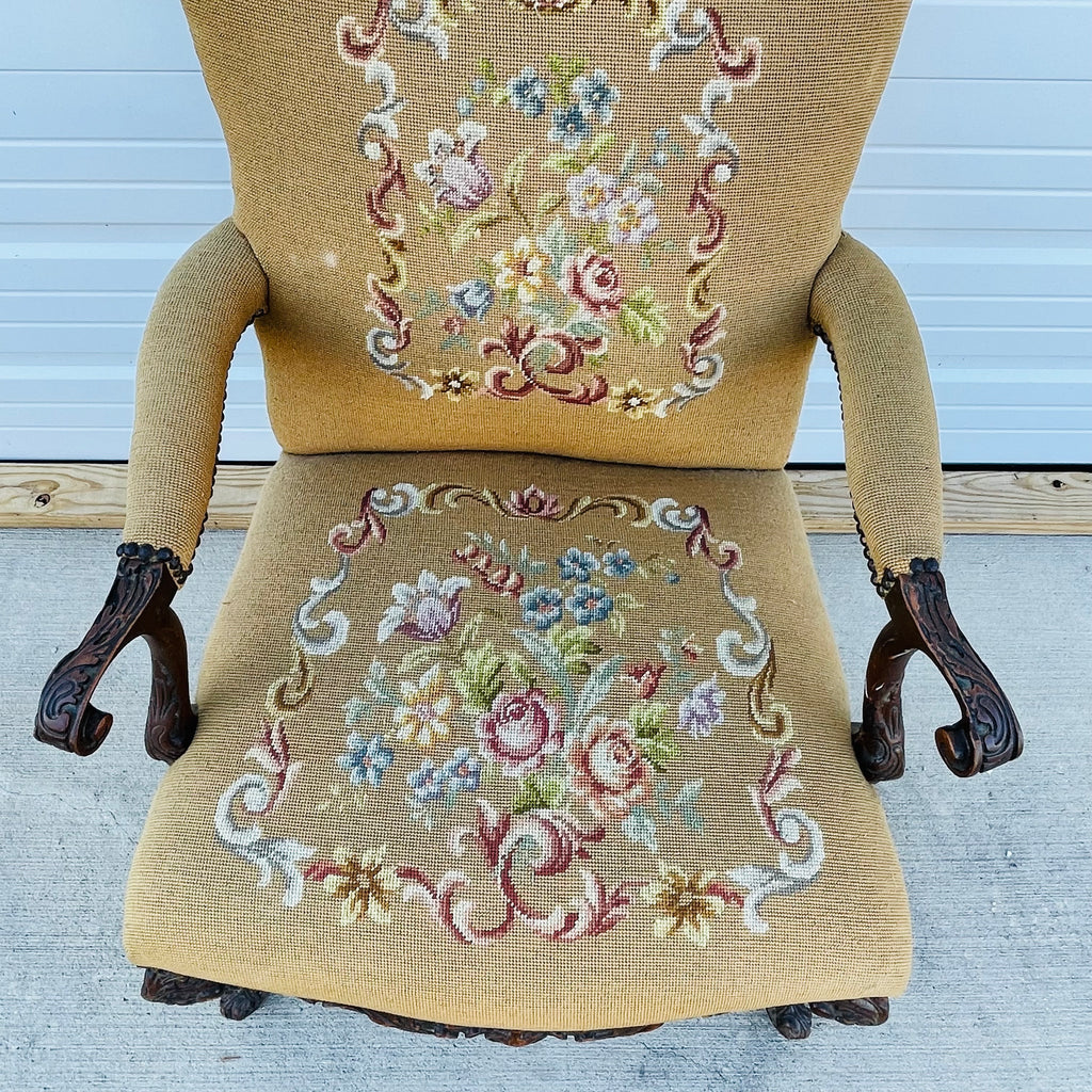 Vintage French Floral Upholstered Armchair with Carved Details *As is*