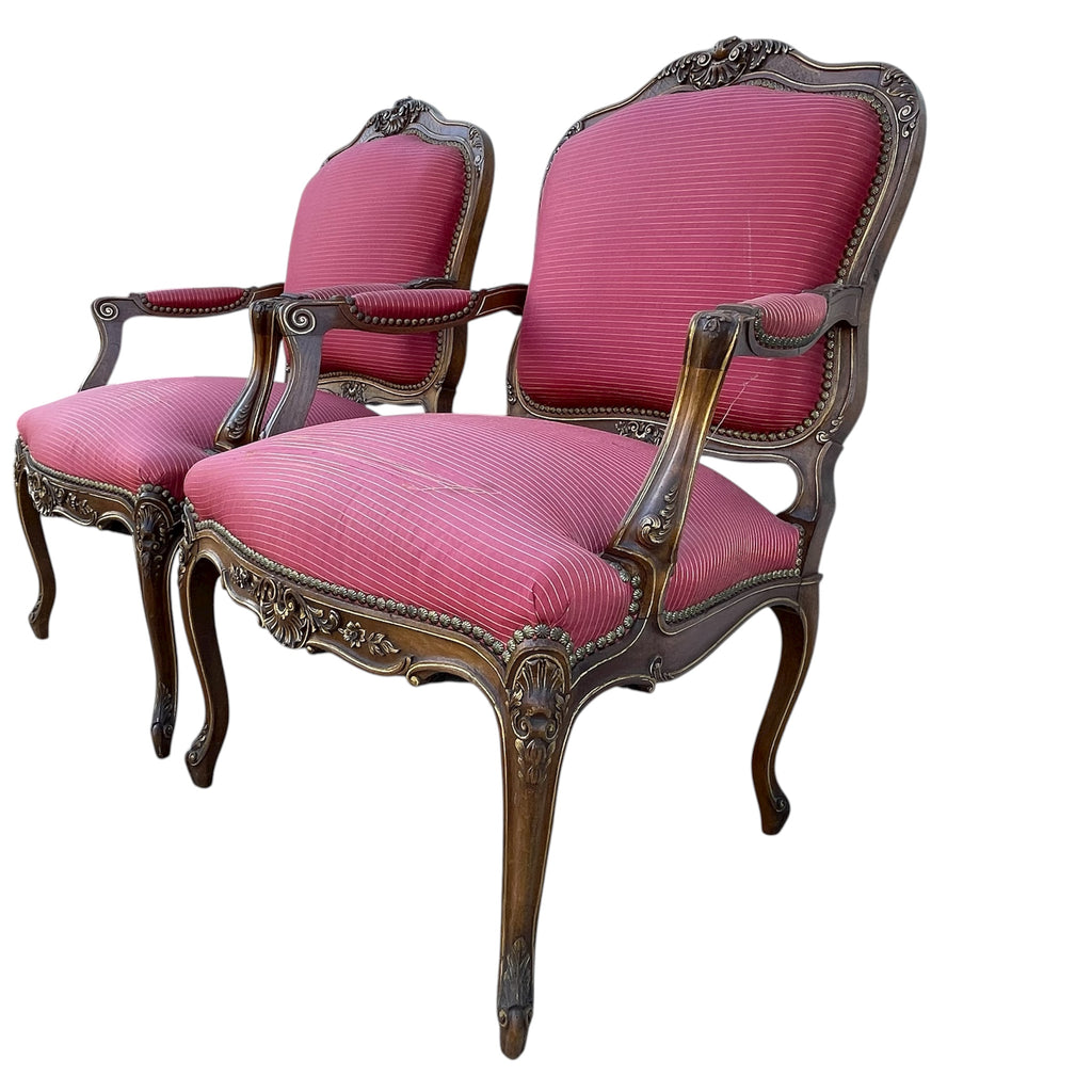 Louis XV Style Set of 2 Armchairs With Decorative Studs Striped Red Pink Upholstery Decor