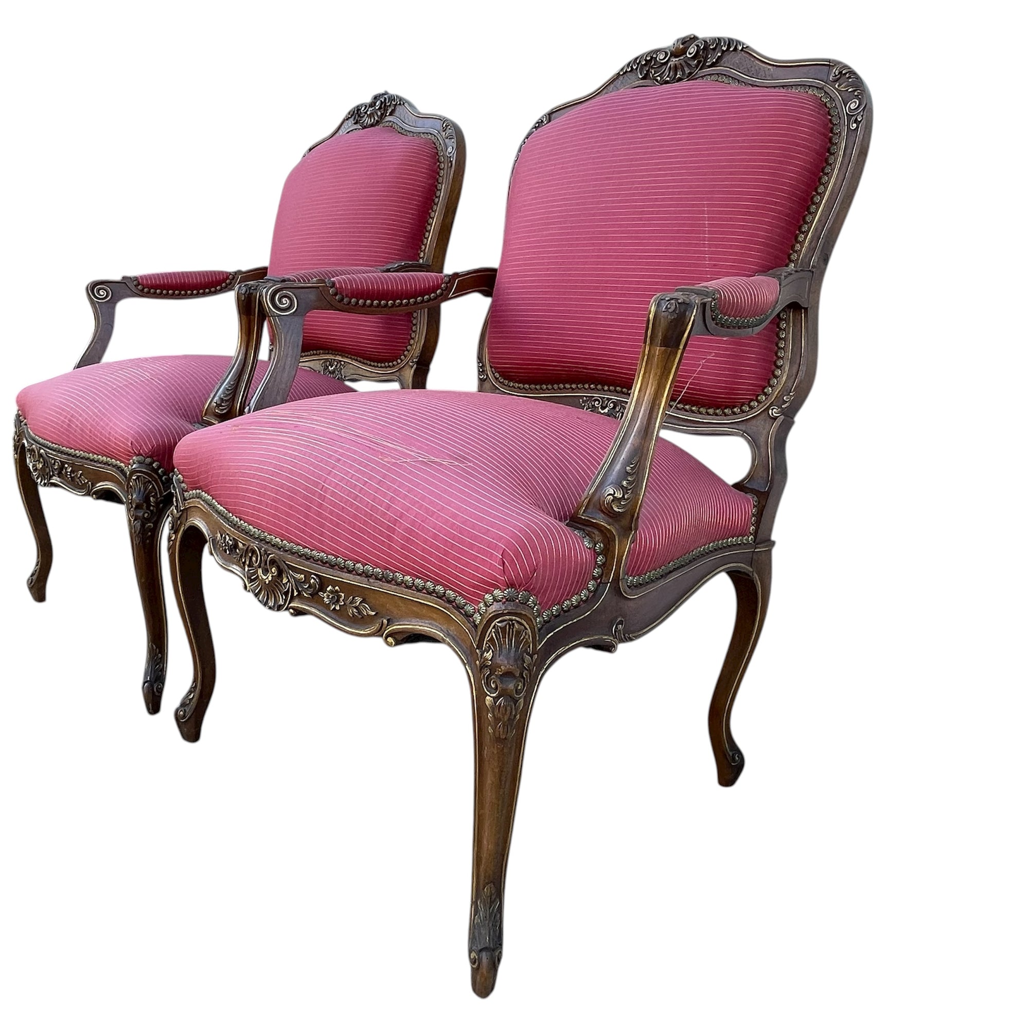 Louis XV Style Set of 2 Armchairs With Decorative Studs Striped Red Pink Upholstery Decor
