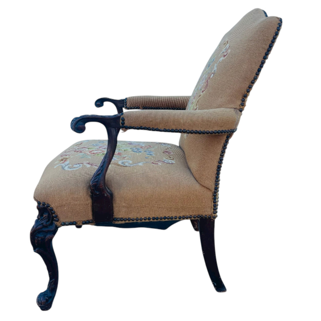 Vintage French Floral Upholstered Armchair with Carved Details *As is*