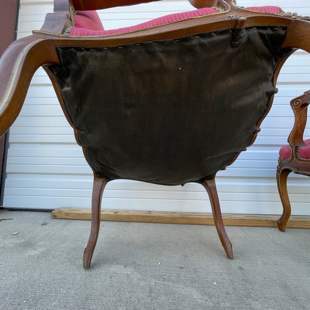 Louis XV Style Set of 2 Armchairs With Decorative Studs Striped Red Pink Upholstery Decor