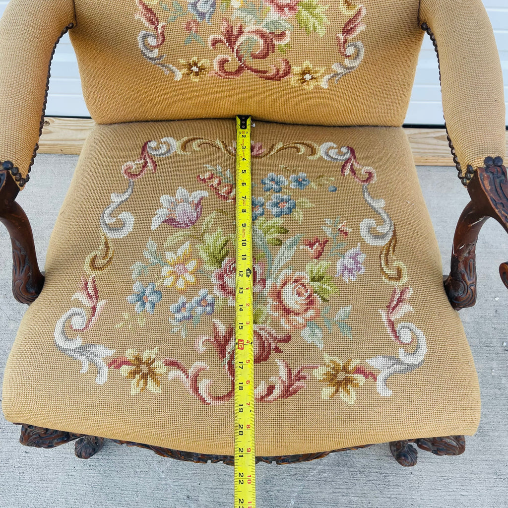 Vintage French Floral Upholstered Armchair with Carved Details *As is*