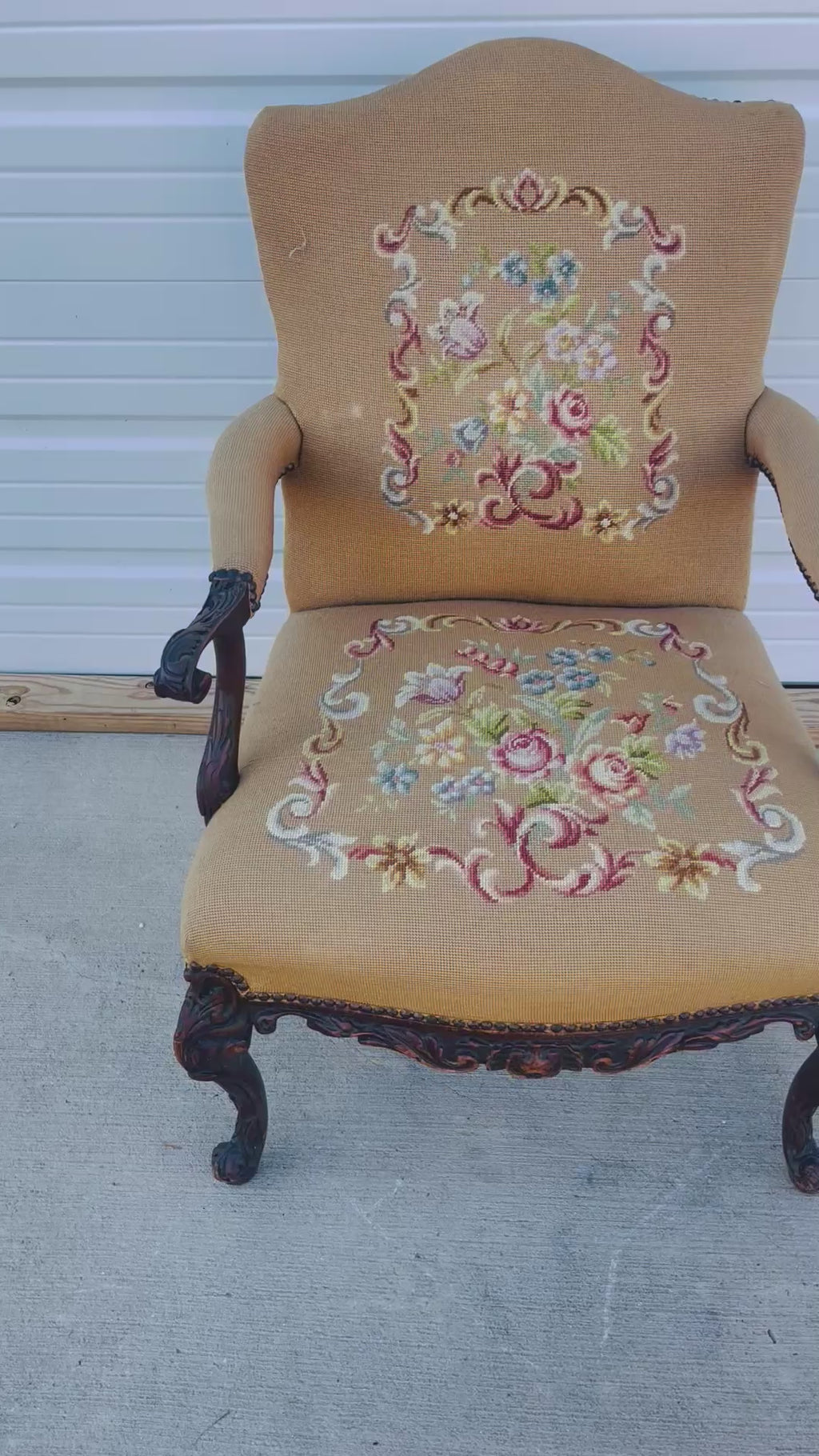 Vintage French Floral Upholstered Armchair with Carved Details *As is*
