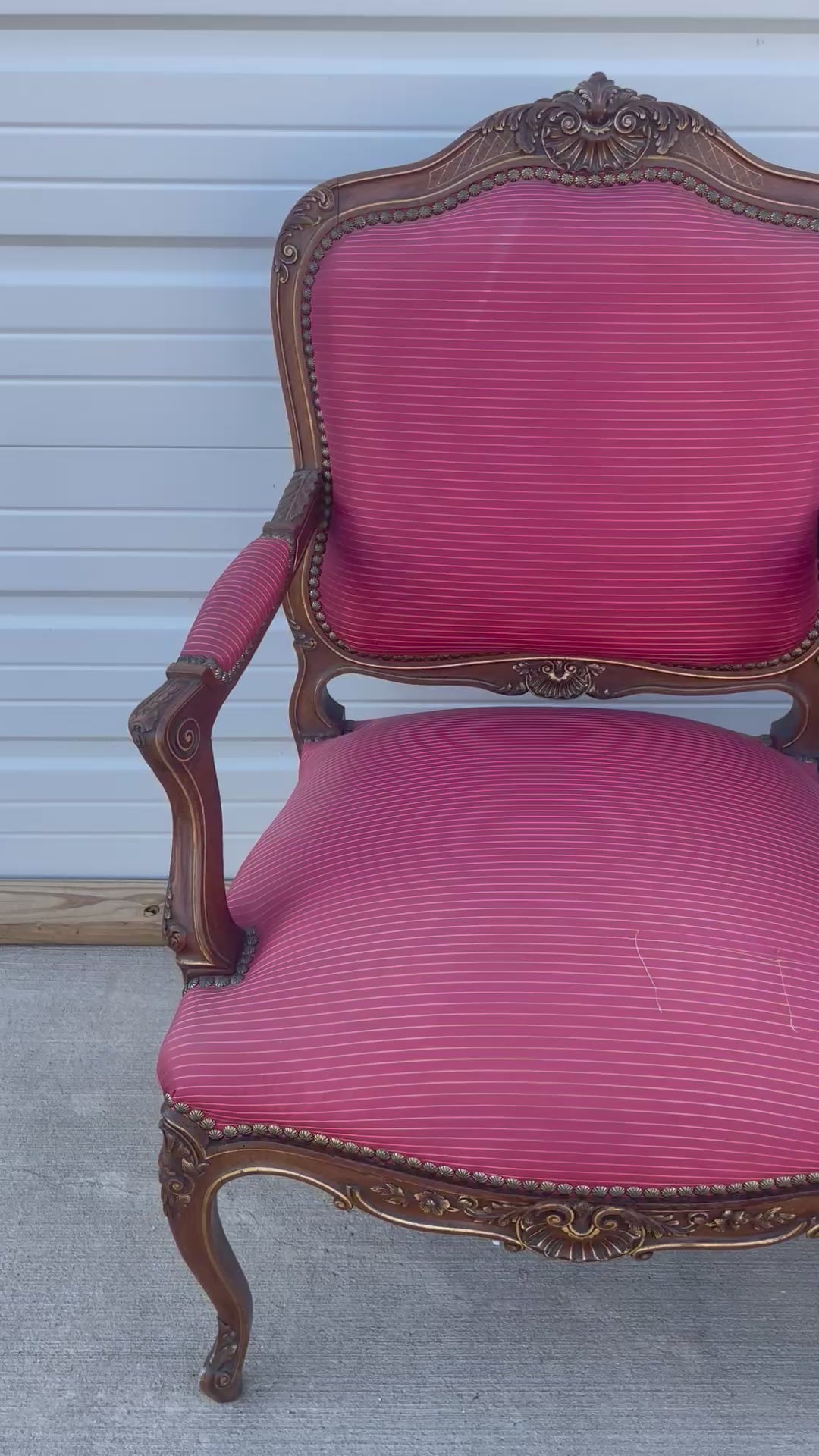 Louis XV Style Set of 2 Armchairs With Decorative Studs Striped Red Pink Upholstery Decor