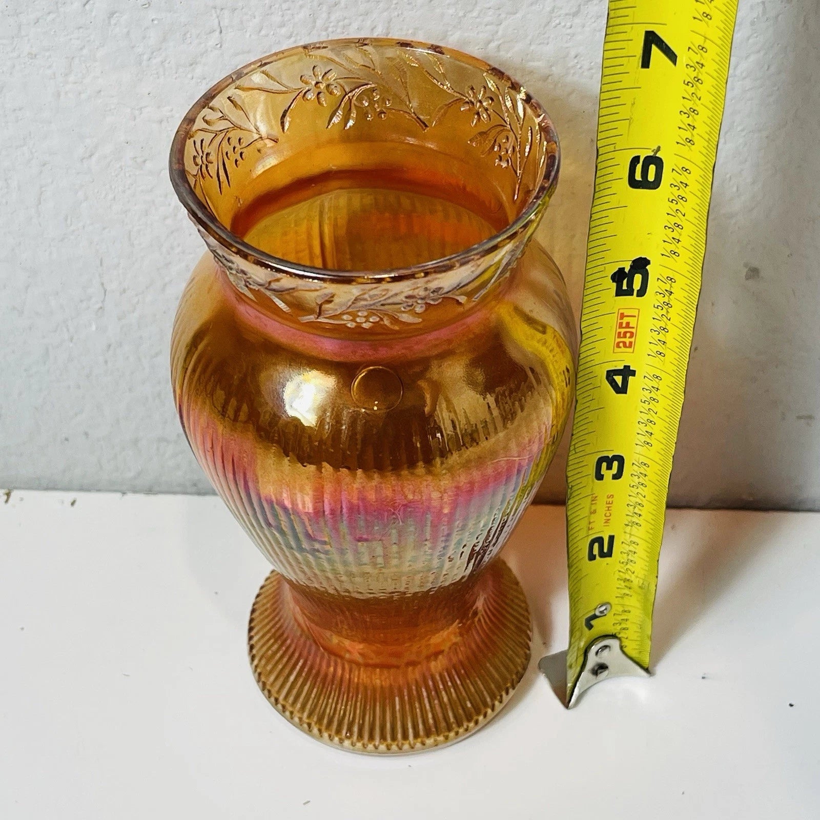 Carnival Marigold Vase Prism & Daisy Band 6-1/4" Vase VGC  Arts Crafts "As is"