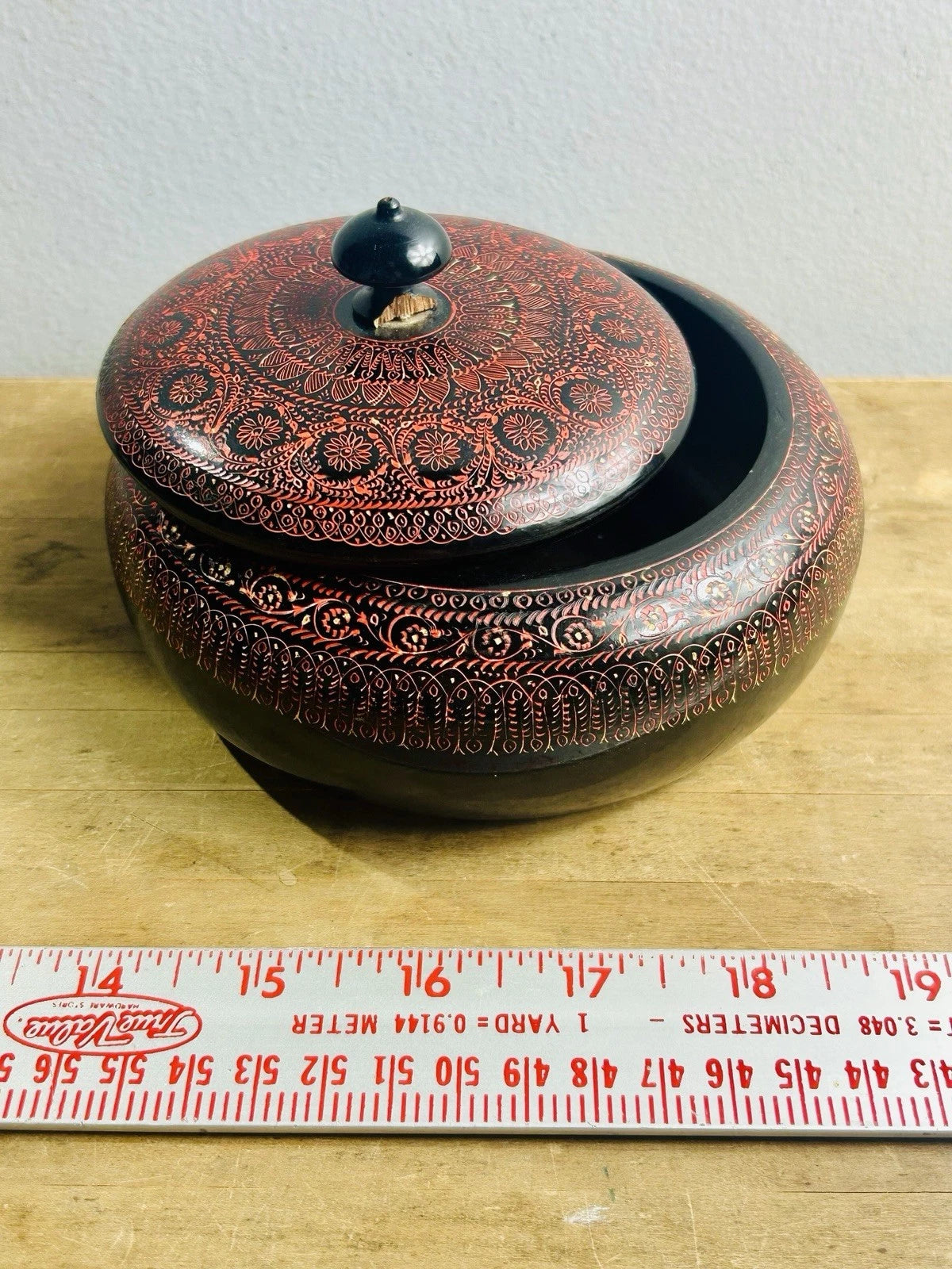 Indian Handpainted Red Floral Design Wooden Bowl w/ Lid “As Is”