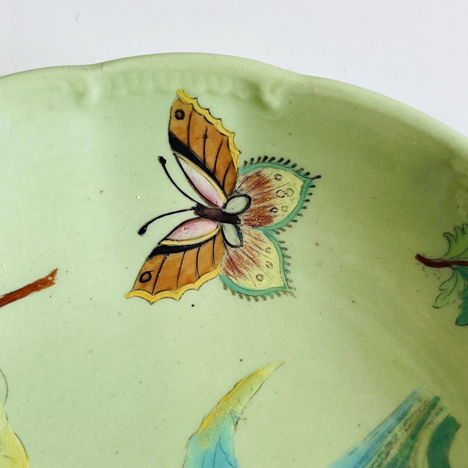 Hand-Painted Vintage Porcelain Plate with Green Floral Design, Decorative Trinket Dish.
