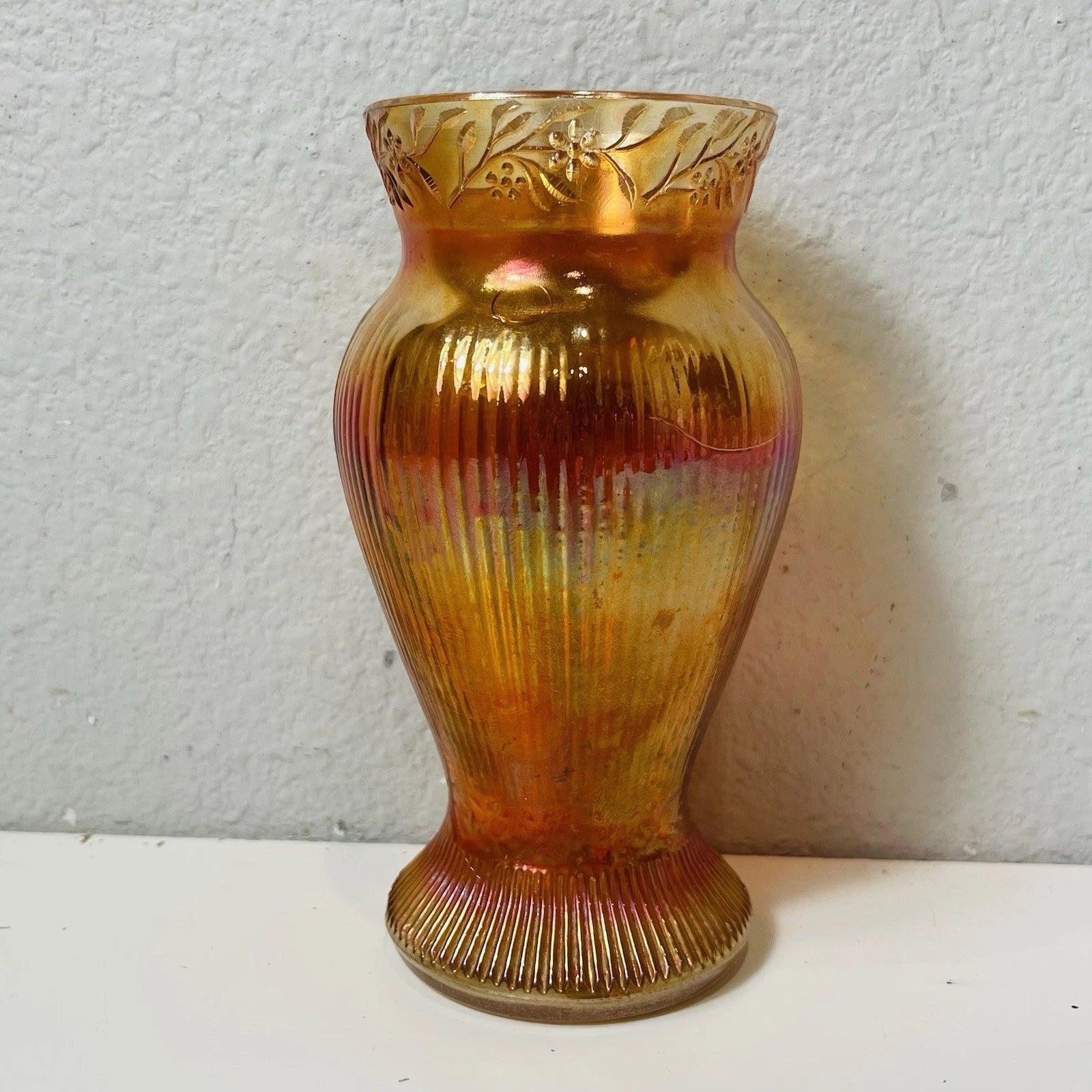 Carnival Marigold Vase Prism & Daisy Band 6-1/4" Vase VGC  Arts Crafts "As is"