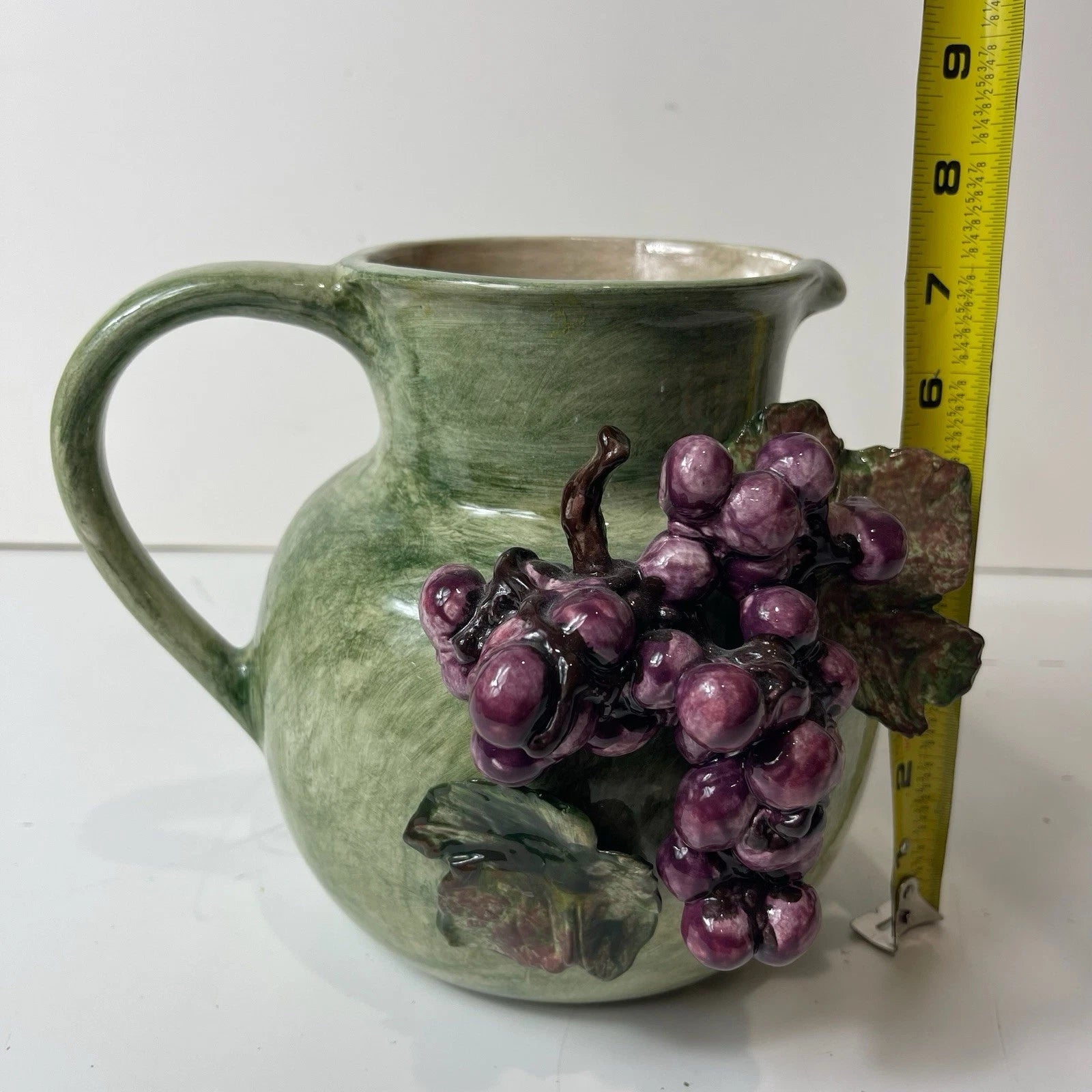 San Marco Nove Italy Hand-painted Pitcher Purple Grapes Green Embossed