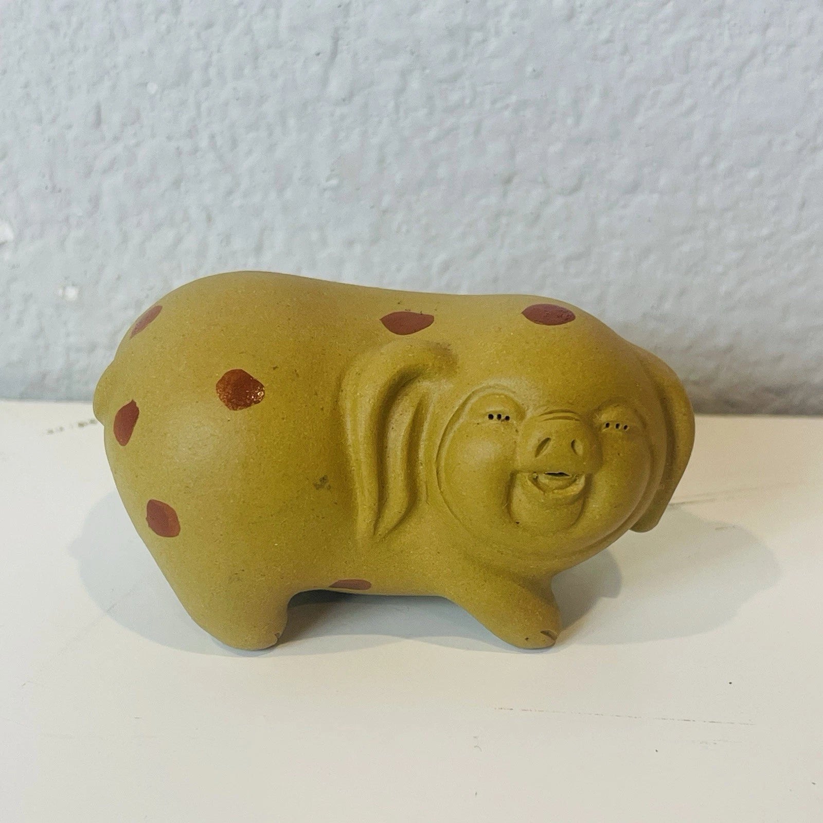 Vintage Clay Pottery Chinese Happy Polka Face Pig Tea Pet Statue Rattle Figurine