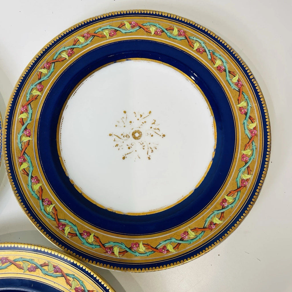 Set Of 3 Bohemian Style Dessert Plates Blue Gold Rim Pink Roses Vine Accent Deco
