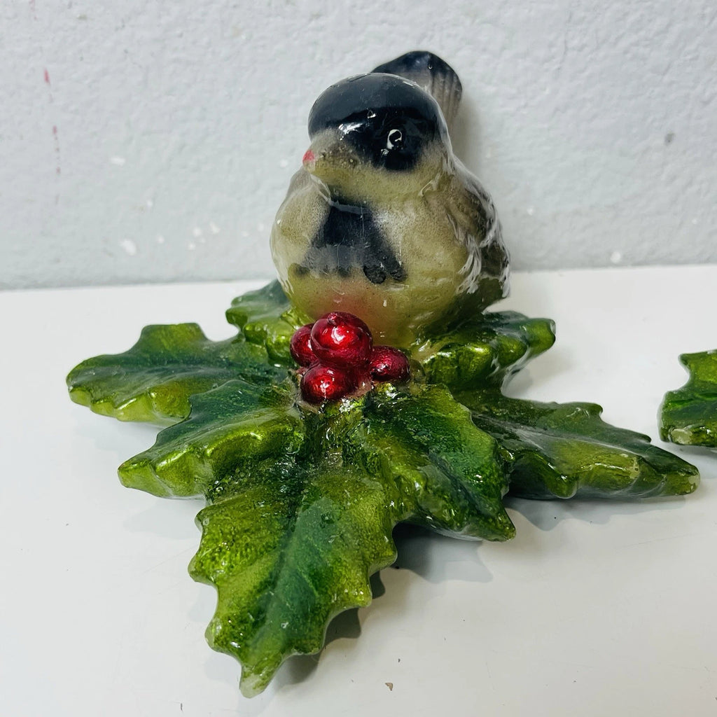 Set Of 2 Bird Candles Hand Painted with Christmas Holly Leaves and Berries