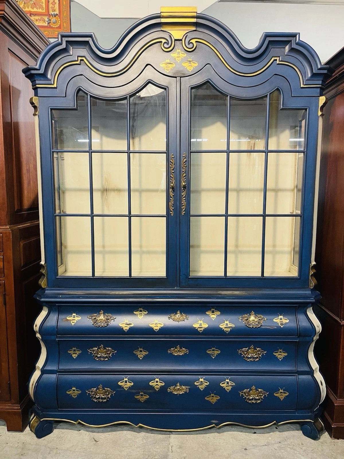 Vintage Henredon Blue & Gold Bombe China Cabinet Hutch