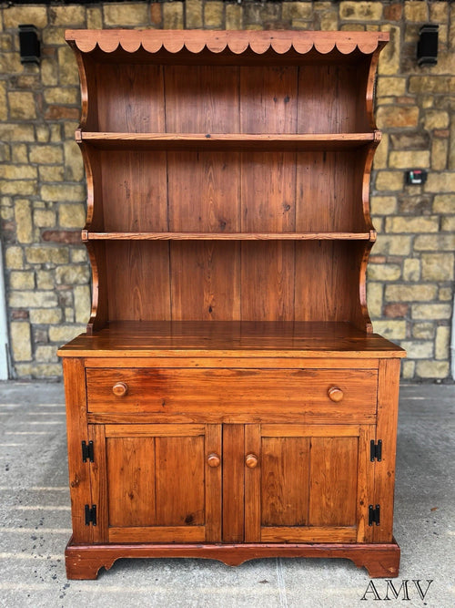 Vintage Rustic Wooden Hutch Display Cabinet with Scalloped Shelves