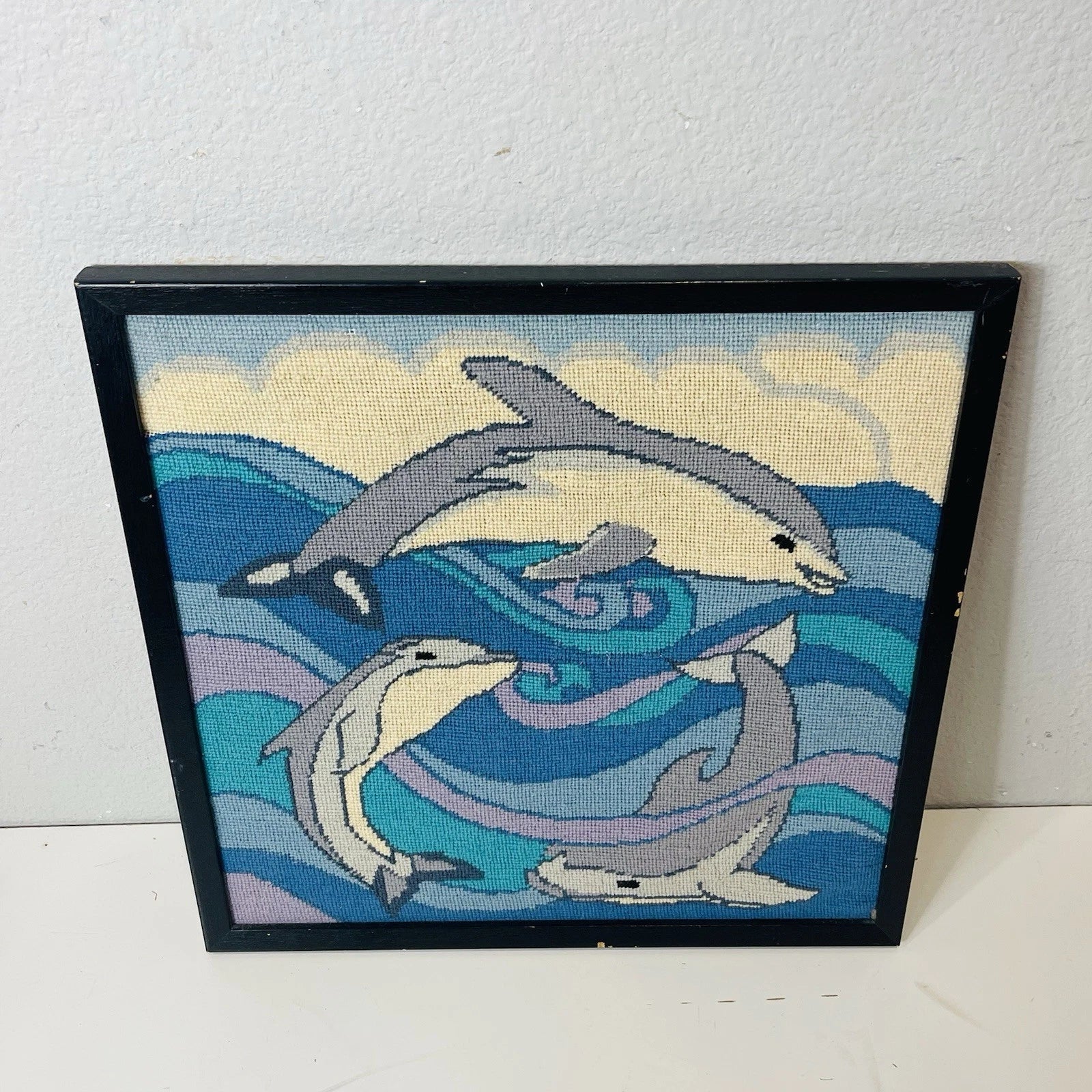 Vintage Dolphin Blue Needlepoint Wall Art Picture Frame Home Office Accent Decor