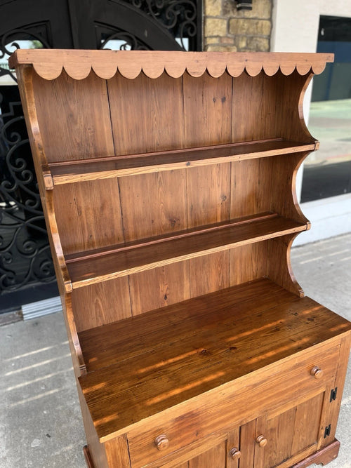 Vintage Rustic Wooden Hutch Display Cabinet with Scalloped Shelves
