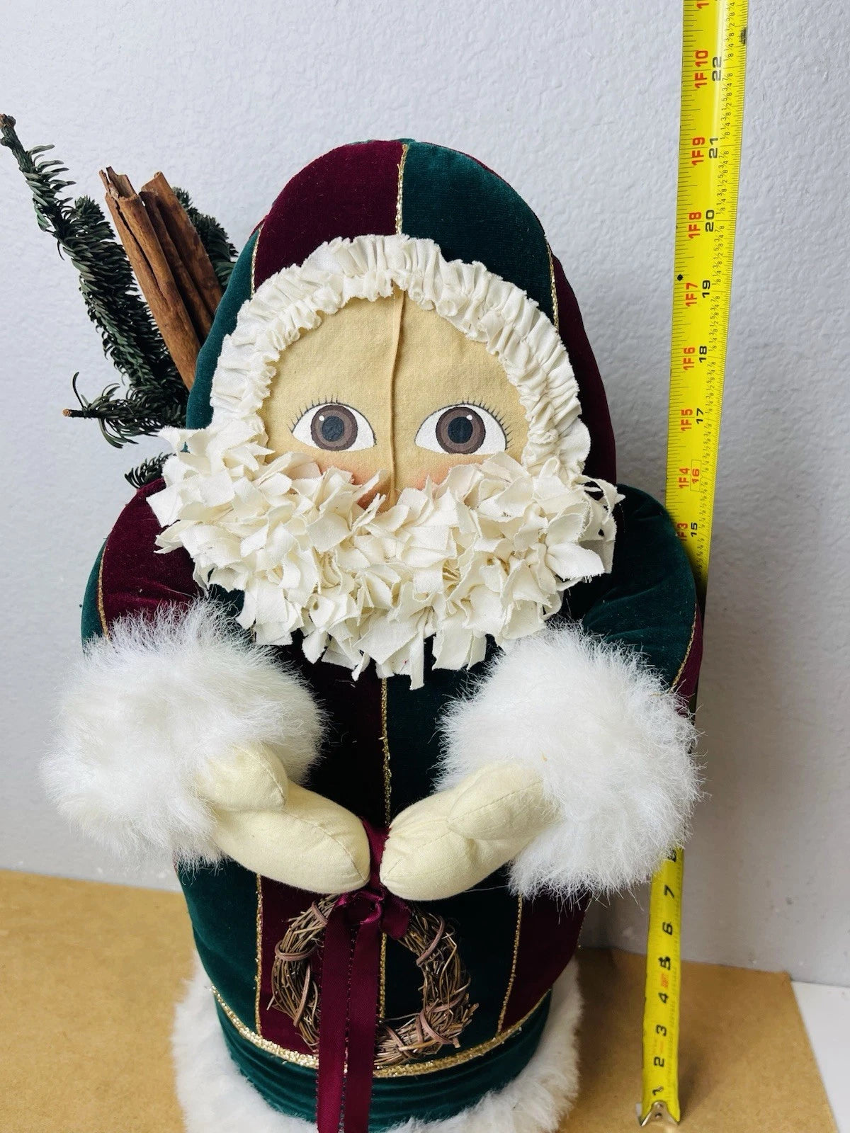 Handmade Farmhouse-Style Vintage Santa Figurine, 21” H: Rustic Christmas Decor.