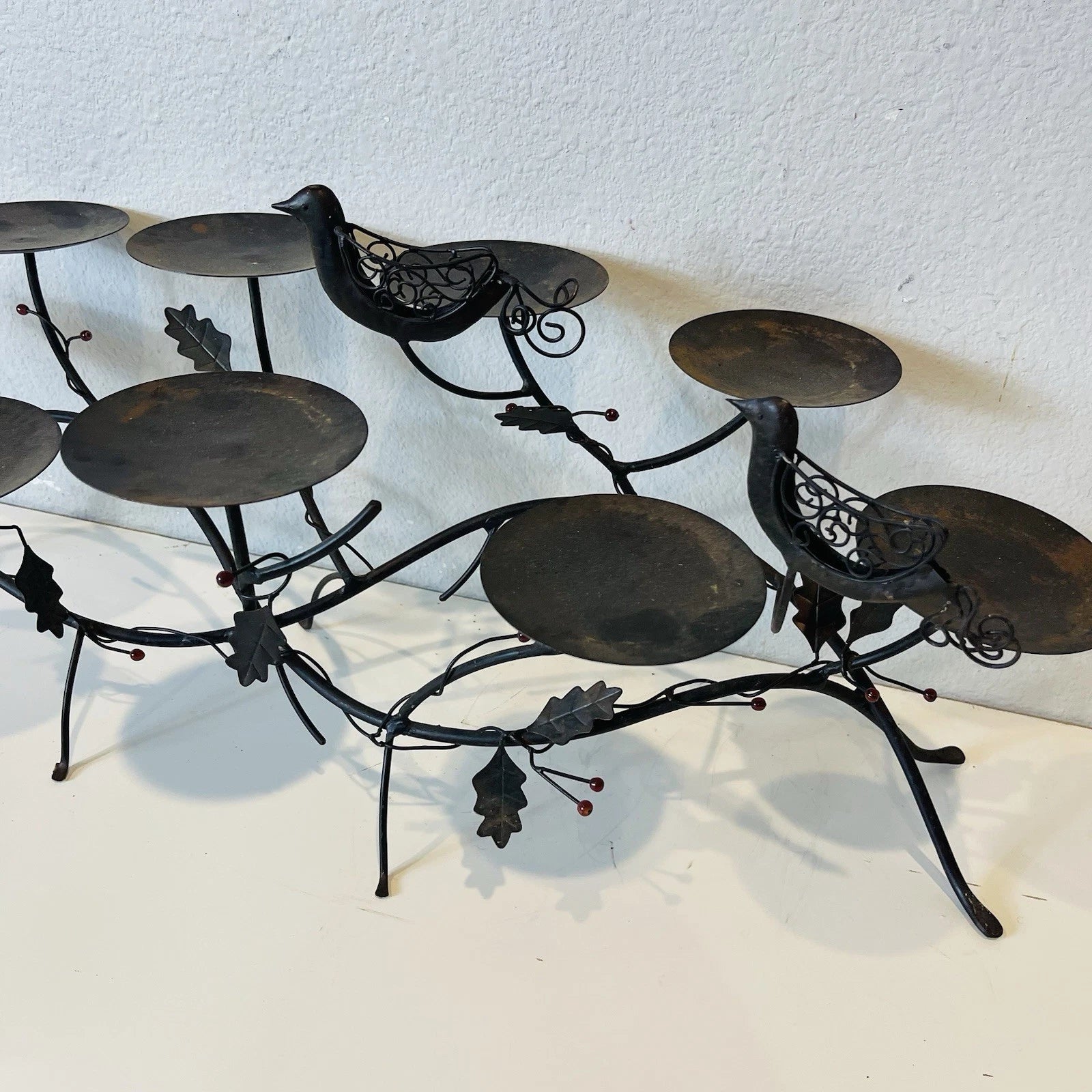Rustic 9-Arm Metal Candle Holder, Rubbed Bronze Finish, Birds on Branches Design
