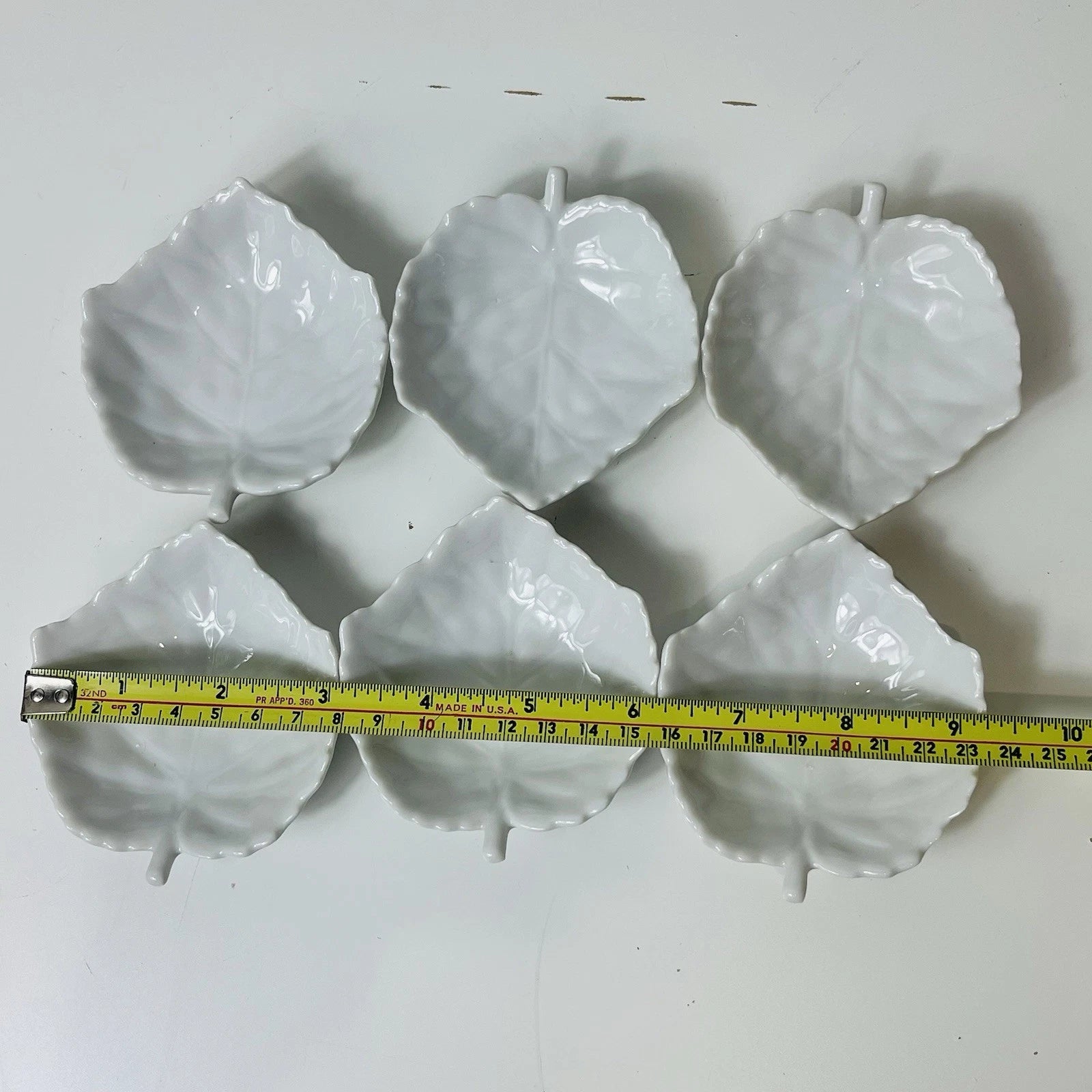 Set of 6 White Porcelain Leaf-Shaped Veined Soy Sauce Dipping Dishes