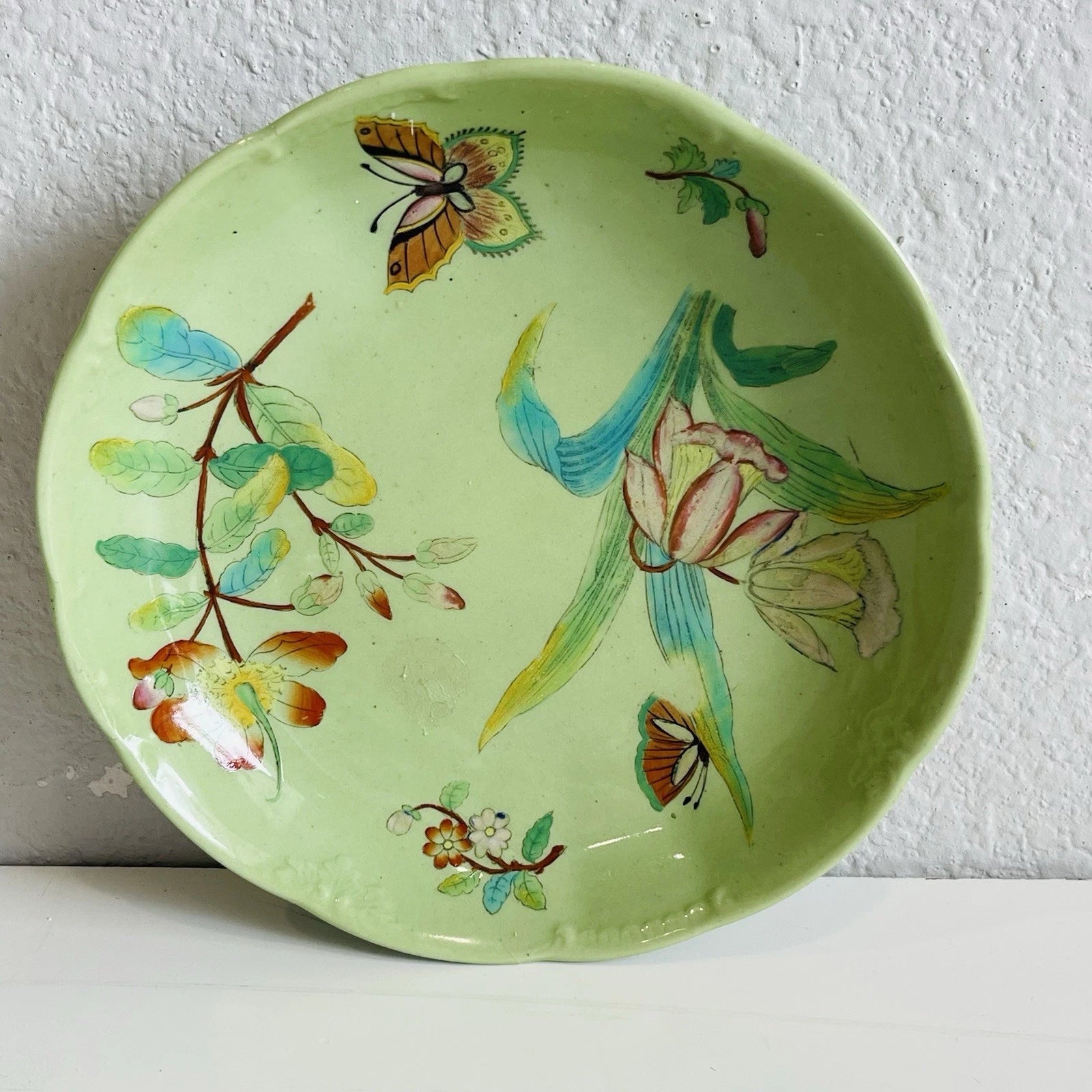 Hand-Painted Vintage Porcelain Plate with Green Floral Design, Decorative Trinket Dish.